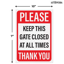 Load image into Gallery viewer, Bulk Case of 50 Signs - Please Keep Gate Closed Sign 10" x 7" | Aluminum Warning Sign to Keep Gate Shut, Latched or Locked | Pre Drilled Mounting Holes for Easy Installation