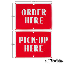 Load image into Gallery viewer, Bulk Case of 100 Sets - Order Here Pick Up Here Aluminum Sign Set, Coffee Bar, Food Truck, Ice Cream Shop, Store Display and Decor Signs. Aluminum Signs, 11" x 8.3"