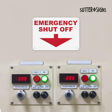 Load image into Gallery viewer, Bulk Case of 50 Sets - Emergency Shut Off Aluminum Sign, 10x7, Rust-free Aluminum Sign with Pre-drilled Mounting Holes by Sutter Signs