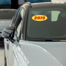 Load image into Gallery viewer, Bulk Case of 75 Sets - 2019 Car Model Year Windshield Stickers | 14" x 5.5" Oval Stickers for Car Dealerships, Vehicle Windshields (Pack of 12)