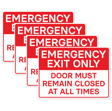 Load image into Gallery viewer, Bulk Case of 250 Sets - 4pk Emergency Exit Only Door Must Remain Closed Signs | Self Adhesive Vinyl Stickers for Emergency Exit Doors, 5 x 7 Inch