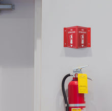 Load image into Gallery viewer, Bulk Case of 100 Signs - 3D Fire Extinguisher Sign | Projecting Wall Mount Fire Safety Sign, 6&quot; x 8&quot; x 4&quot;