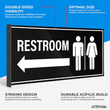 Load image into Gallery viewer, Bulk Case of 45 Sets - 2pk Restroom Sign with Arrow | Wall Mounted Projecting Double Sided Unisex Restroom Signs 12.1" x 5.5"