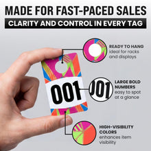 Load image into Gallery viewer, Bulk Case of 75 Sets - Live Plastic Number Tags for Hangers, 001-100 Consecutively Numbered, Mirror Image Number Cards for Live Sales, 3.25" x 2" Cards (Mosaic)
