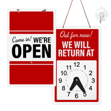 Load image into Gallery viewer, Bulk Case of 167 Sets - Will Return Sign with Adjustable Clock, 9.25" x 5.75" Two Sided Plastic Sign with Twine and Suction Cup Hook, Business Hours Open Closed