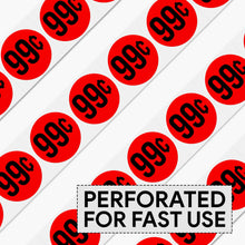 Load image into Gallery viewer, Bulk Case of 50 Rolls - 1000pcs $0.99 Stickers for Discount Promotional Retail, 1.5" Diameter Sticker, Bright Red, Perforated Labels