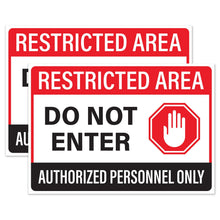 Load image into Gallery viewer, Bulk Case of 200 Sets - Restricted Area Do Not Enter Stickers, Authorized Personnel Only Signs, Self Adhesive Weatherproof Vinyl Stickers, Red/Black/White, 10" x 7" - Pack of 2