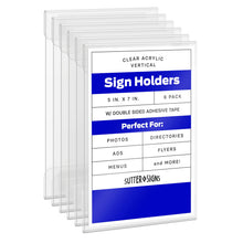 Load image into Gallery viewer, Bulk Case of 34 Sets - 6pk Acrylic Wall Sign Holders 5x7 | Vertical Wall Frame Document Holder with Strong Adhesive Tape to Mount