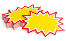Load image into Gallery viewer, Bulk Case of 144 Sets - Starburst Price Tags with Stickers 100pcs 3x5 inch (Yellow), 50pcs Cards &amp; 50pcs Sticker Dots, Sale Signs for Retail Store, Clearance Promo, Garage Sale, Yard Sale