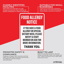 Load image into Gallery viewer, Bulk Case of 50 Sets - Food Allergy Notice Sign for Restaurants, Food Trucks, Cafes, Aluminum Safety Notice Sign, 12" x 8"