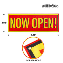 Load image into Gallery viewer, Bulk Case of 100 Signs - Now Open Banner, 3&#39; x 8&#39; Open Sign for Businesses, Shops, Polyester Banner with Grommets, Rope Included for Easy Installation