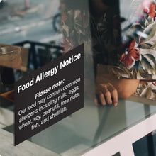 Load image into Gallery viewer, Bulk Case of 168 Sets - Food Allergy Notice Stickers, Restaurant Food Service Signs, Self Adhesive Vinyl Stickers, 10" x 7" (Pack of 4)