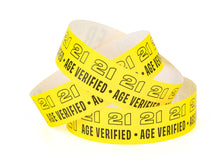 Load image into Gallery viewer, Bulk Case of 100 Sets - 21+ Wristbands for Events 500 ct | Over 21 Age Verified Wristbands, Waterproof Vinyl Wrist Bands for Parties, Venue, Concerts, Night Club, Yellow &amp; Black