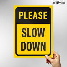 Load image into Gallery viewer, Bulk Case of 36 Sets - Please Slow Down Yard Signs with H-Frame Stakes, 12&quot; x 16&quot; Corrugated Plastic Please Slow Down Signs for Yard (Pack of 2)