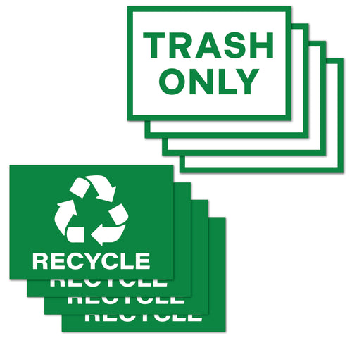 Bulk Case of 100 Sets - 4pc Recycle Stickers + 4pc Trash Stickers | Weatherproof Vinyl Sticker Recycling Signs for Trash Bins, 7