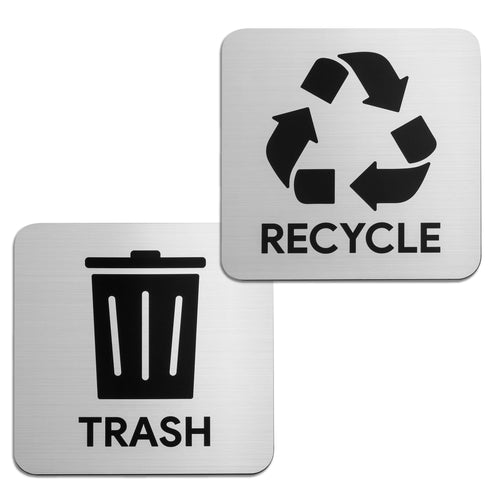 Bulk Case of 100 Sets -Trash and Recycle Signs | Large Silver Metal Finish Plastic Plaques with Strong Adhesive Backing, 5.5