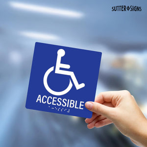 Bulk Case of 100 Signs - Handicapped Accessible Sign with Braille, Blue, Self Adhesive Plastic ADA Building Sign, 6" x 6"