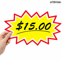 Load image into Gallery viewer, Bulk Case of 50 Sets - Starburst Signs with Stickers 20 ct | Sale Price Tags for Garage Sale, Estate Sale, Yard Sale, Retail Supplies. 20pcs Price Sign Cards &amp; 40pcs Strong Sticker Dots. 8x12 inch (Yellow)