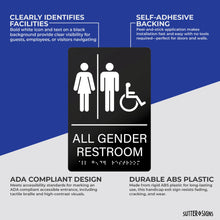 Load image into Gallery viewer, Bulk Case of 100 Sets - All Gender Restroom Sign with Braille 6" x 9", Black/White, Self-Adhesive Plastic Gender Neutral Handicapped Accessible Restroom Sign