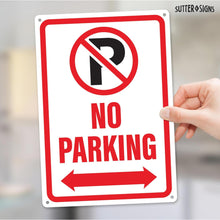 Load image into Gallery viewer, Bulk Case of 100 Signs - No Parking Sign with Double Arrow, 10" x 7" Reflective Aluminum No Parking Sign with Pre-Drilled Mounting Holes, Rust Free Water Resistant Aluminum