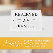 Load image into Gallery viewer, Bulk Case of 100 Sets - Reserved For Family Seating Signs 20 Pack | Elegant 3&quot; x 4&quot; Reserved Table Signs for Wedding Reception Restaurant Party