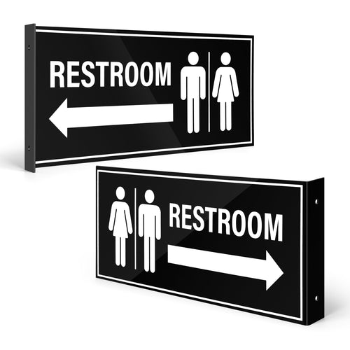 Bulk Case of 45 Sets - 2pk Restroom Sign with Arrow | Wall Mounted Projecting Double Sided Unisex Restroom Signs 12.1