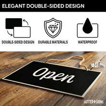 Load image into Gallery viewer, Bulk Case of 125 Sets - Open Closed Sign for Business, 10" x 6" Double Sided Plastic Sign with Twine, Suction Cup Hook, Business Hours (Black/White)