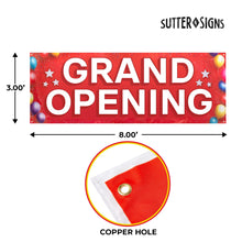 Load image into Gallery viewer, Bulk Case of 100 Signs - Grand Opening Banner, 3&#39; x 8&#39; Now Open Sign for Business, Shop, Polyester Banner with Grommets, Rope Included for Easy Installation