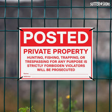 Load image into Gallery viewer, Bulk Case of 50 Sets - Posted Private Property Signs 4 PK | No Hunting No Trespassing PVC Signs with Mounting Holes, 14" x 10"