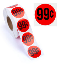 Load image into Gallery viewer, Bulk Case of 50 Rolls - 1000pcs $0.99 Stickers for Discount Promotional Retail, 1.5" Diameter Sticker, Bright Red, Perforated Labels