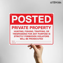 Load image into Gallery viewer, Bulk Case of 50 Signs - Posted Private Property Metal Sign | Heavy Duty Aluminum No Trespassing No Hunting Fishing Trapping Sign with Fence Mounting Holes, Large 14" x 10"