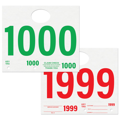 Bulk Case of 3 Sets - Car Service Tags 1000-1999 | Service Dispatch Numbers Auto Dealer Vehicle Repair Mirror Hang Tags with Numbered Key Tags, 1000 Ct