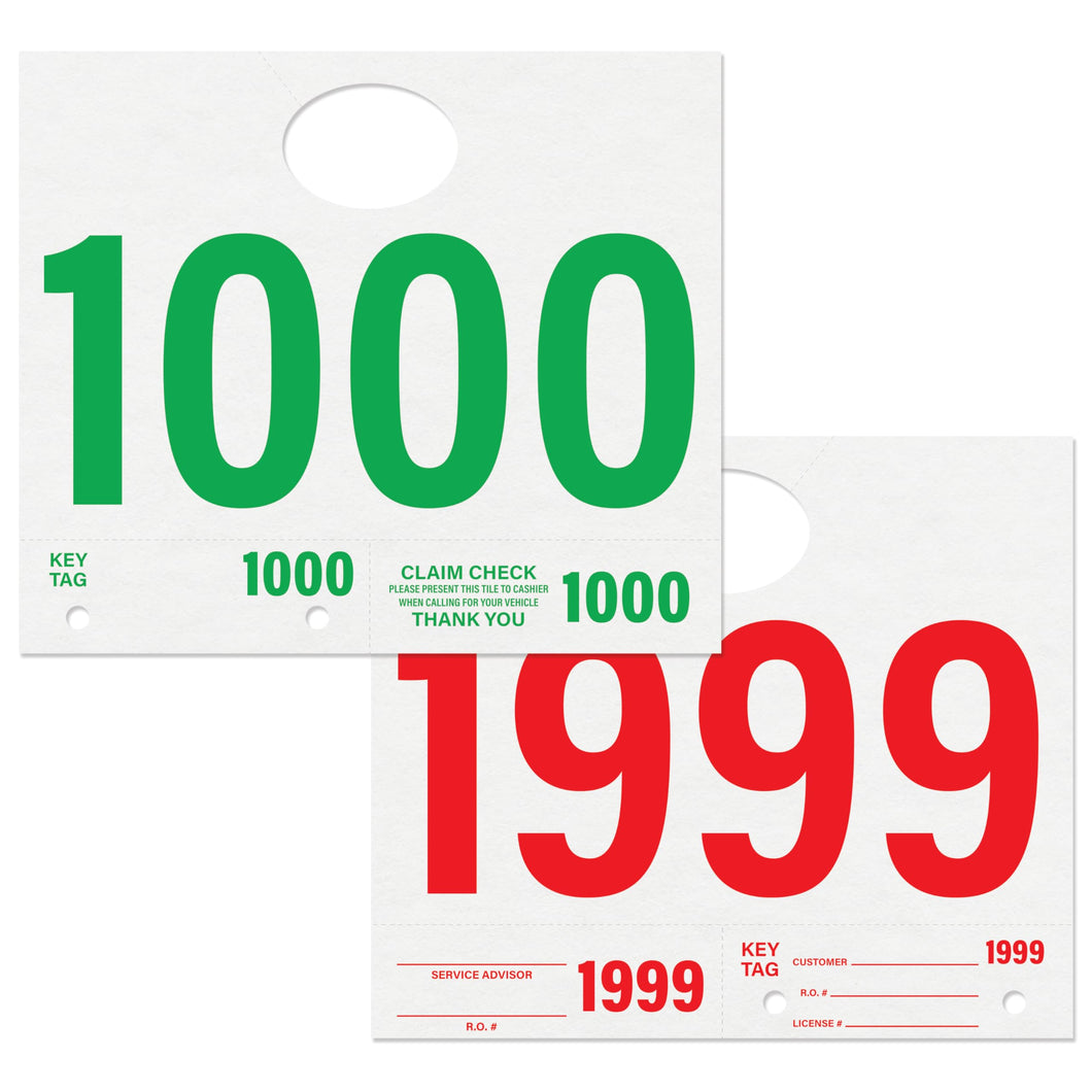 Bulk Case of 3 Sets - Car Service Tags 1000-1999 | Service Dispatch Numbers Auto Dealer Vehicle Repair Mirror Hang Tags with Numbered Key Tags, 1000 Ct