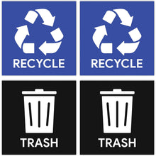 Load image into Gallery viewer, Bulk Case of 250 Sets - Trash and Recycle Stickers for Trash Cans – 4 Pack Indoor/Outdoor Vinyl Decals for Garbage &amp; Recycling Bins – Large 5" Waterproof Waste Sorting Labels (2 Black Trash, 2 Blue Recycle)