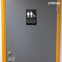 Load image into Gallery viewer, Bulk Case of 100 Sets - All Gender Restroom Sign with Braille 6" x 9", Black/White, Self-Adhesive Plastic Gender Neutral Handicapped Accessible Restroom Sign