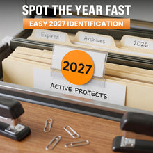 Load image into Gallery viewer, Bulk Case of 50 Rolls - 500pcs 2027 Year Stickers, 2 Inch Fluorescent Orange Color Coded Year, Labels, Warehouse Inventory Organization Stickers
