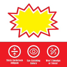 Load image into Gallery viewer, Bulk Case of 96 Sets - Starburst Price Tags with Stickers 100pcs | Yellow Sale Signs for Retail Store, Clearance Promo, Garage Sale, Yard Sale. 50pcs Thick Cards &amp; 50pcs Strong Adhesive Dots. 4x6 inch (Yellow)