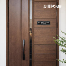 Load image into Gallery viewer, Bulk Case of 250 Signs - No Soliciting Sign for Front Door | Sturdy Black Plastic with Full Adhesive Backing, 8.25" x 2.35"
