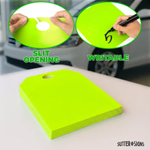 Load image into Gallery viewer, Bulk Case of 20 Sets - Blank Car Mirror Hang Tags | For Sale Signs for Vehicle Window | Auto Dealership Supplies | Neon Green, 8.5" x 11" (Pack of 50)