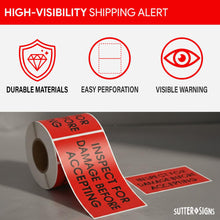 Load image into Gallery viewer, Bulk Case of 20 Rolls - 300pcs Inspect for Damages Before Accepting Labels for Shipping Receiving, 3" x 5" Bright Red Perforated Stickers