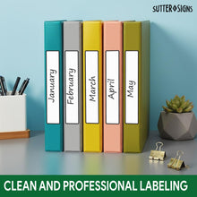 Load image into Gallery viewer, Bulk Case of 50 Sets - Binder Spine Labels 5 3/8" x 1 3/8", 200pcs, Perforated Self Adhesive Sticker Labels for 1.5 Inch Binders, White with Black Border