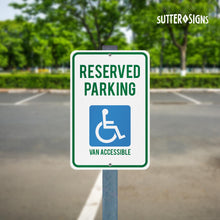 Load image into Gallery viewer, Bulk Case of 50 Signs - Reserved Parking Van Accessible Reflective Aluminum Sign, Pre-drilled 3/8", Mounting Holes, Aluminum, 12x18