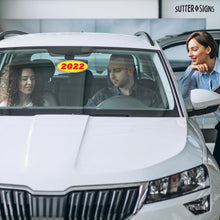 Load image into Gallery viewer, Bulk Case of 63 Sets - 2022 Car Model Year Windshield Stickers | 14" x 5.5" Oval Stickers for Car Dealerships, Vehicle Windshields (Pack of 12)