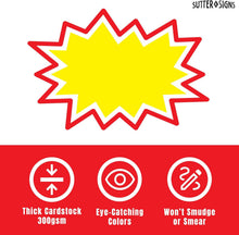 Load image into Gallery viewer, Bulk Case of 48 Sets - Starburst Signs with Stickers 200pcs | 100pcs Price Sign Cards &amp; 100pcs Strong Sticker Dots. 4x6 inch (Yellow)
