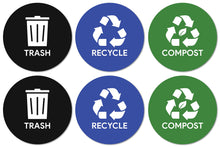 Load image into Gallery viewer, Bulk Case of 250 Sets - Sutter Signs 6pk Trash Compost Recycle Stickers for Trash Bins, 4&quot; Diameter Weatherproof Vinyl Stickers