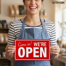 Load image into Gallery viewer, Bulk Case of 125 Sets - Open Closed Sign for Business, 10" x 6" Double Sided Plastic Sign with Twine, Suction Cup Hook, Business Hours (Black/Red)