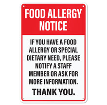 Load image into Gallery viewer, Bulk Case of 50 Sets - Food Allergy Notice Sign for Restaurants, Food Trucks, Cafes, Aluminum Safety Notice Sign, 12" x 8"