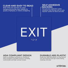 Load image into Gallery viewer, Bulk Case of 100 Signs - Exit Sign with Braille, Blue, Self Adhesive ADA Building Sign, 6" x 6"