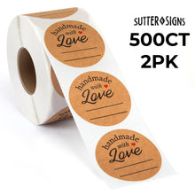 Load image into Gallery viewer, Bulk Case of 50 Sets - 1000pcs Handmade with Love Stickers, 1.5&quot; Diameter Kraft Labels, 500 Stickers per Roll (Pack of 2)