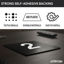 Load image into Gallery viewer, Bulk Case of 100 Sets - 2nd Floor Elevator Jamb Plate Sign with Braille Raised Number (Pack of 2), Self Adhesive Plastic ADA Elevator Floor Sign, 4" x 4" (Pack of 2)